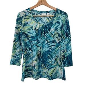 Chico's Blue Abstract Botanicals Print 3/4 Sleeve Lightweight Top Size 2 (Large)